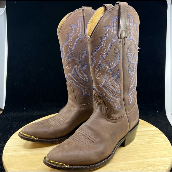 Nocona Shoes - Nocona Brown/Pink/Blue Leather Western Cowgirl Boots Women's Size 7B